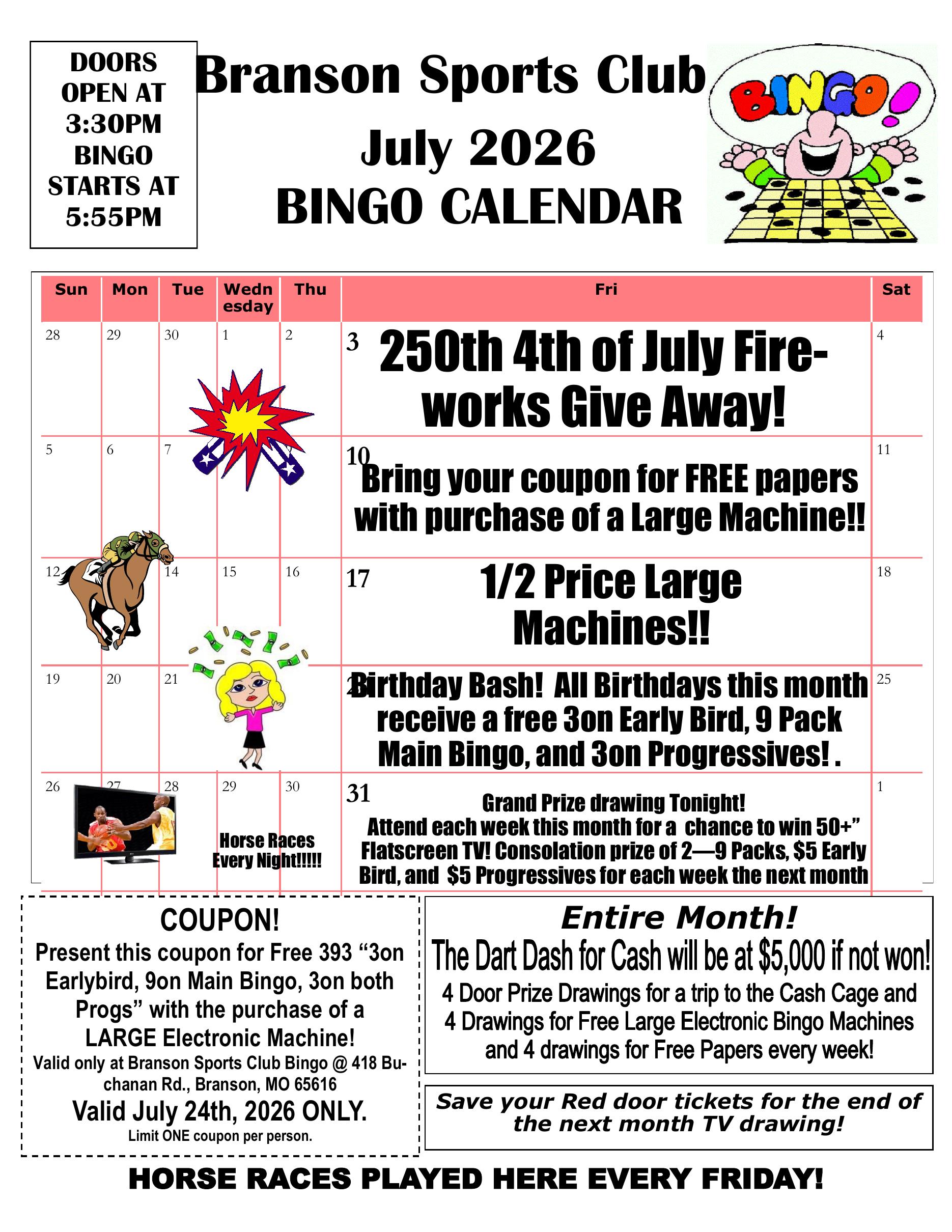 Branson Sports Club July 2026 Bingo calendar flyer
