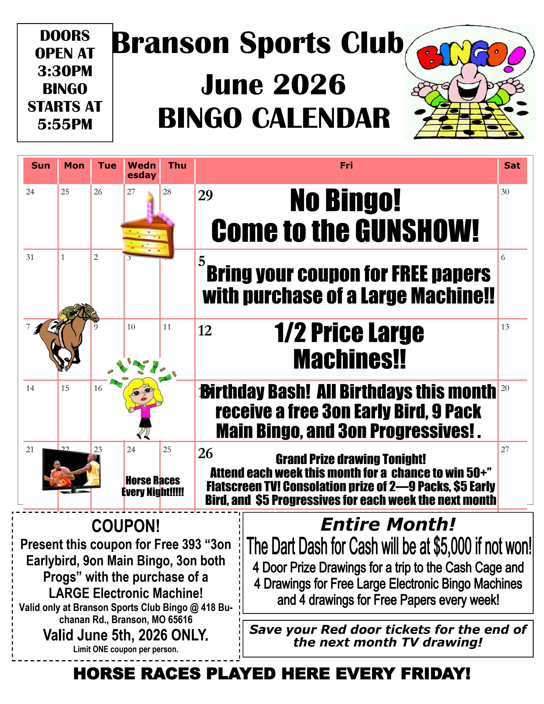 Branson Sports Club June 2026 Bingo calendar flyer