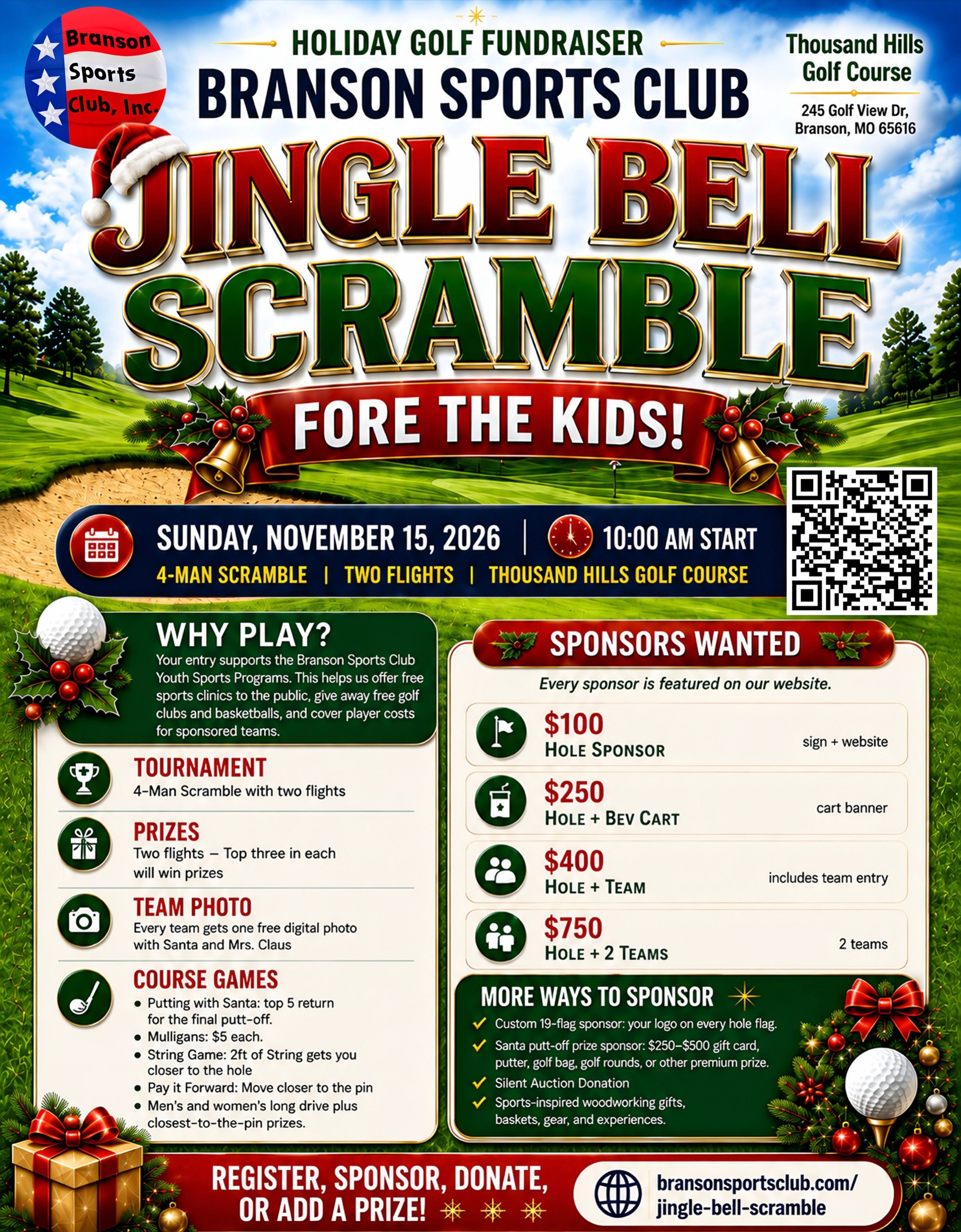 Jingle Bell Scramble FORE The Kids tournament flyer