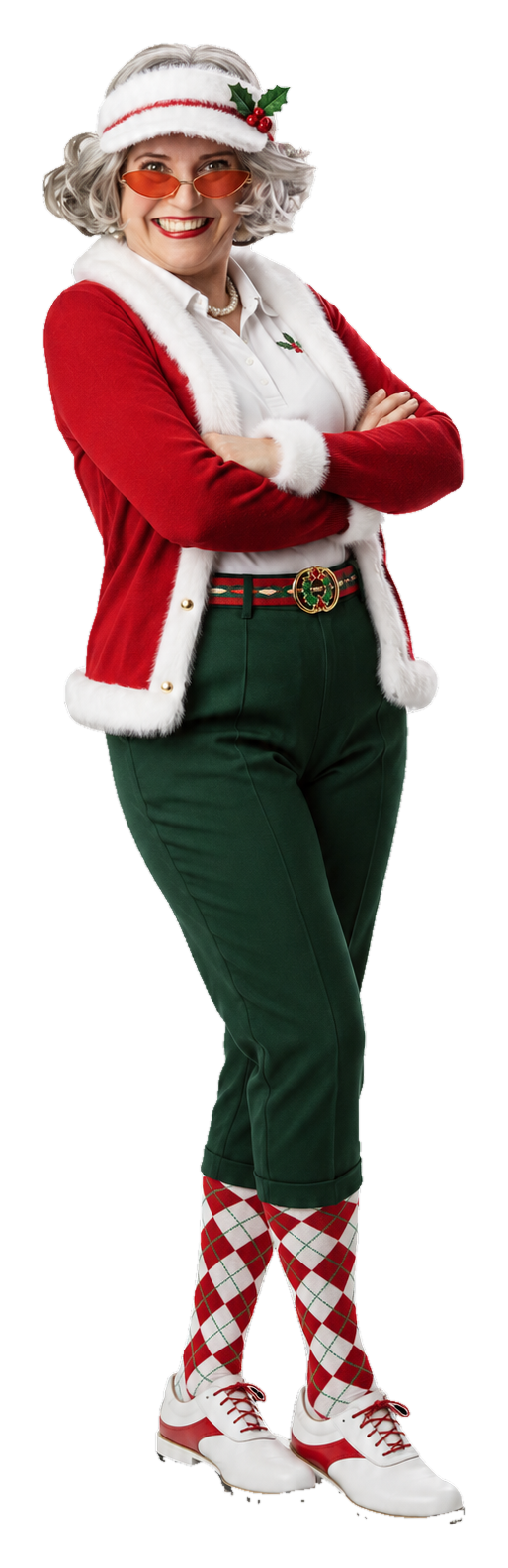 Mrs. Claus in a Christmas golf outfit