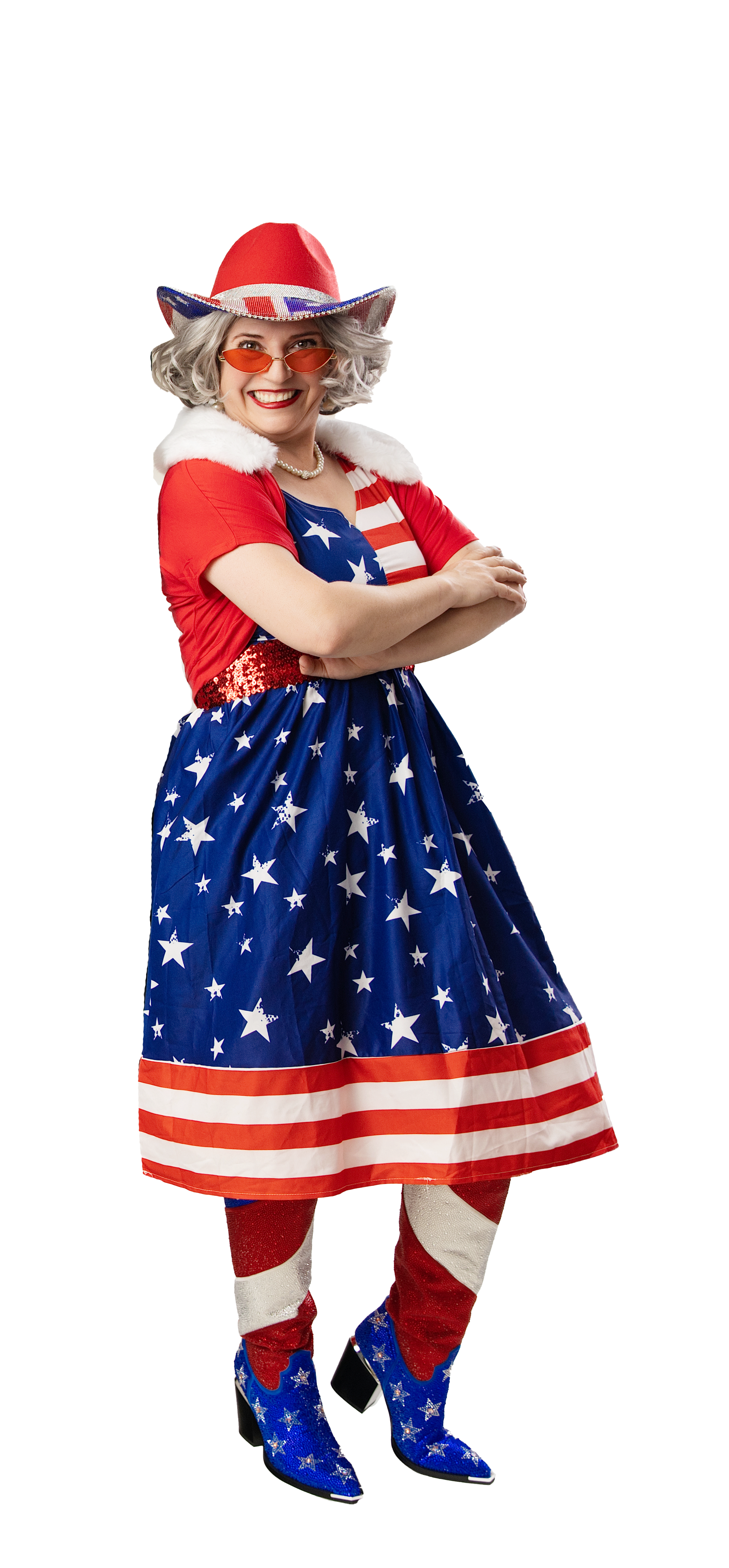 Mrs. Claus in a patriotic holiday dress