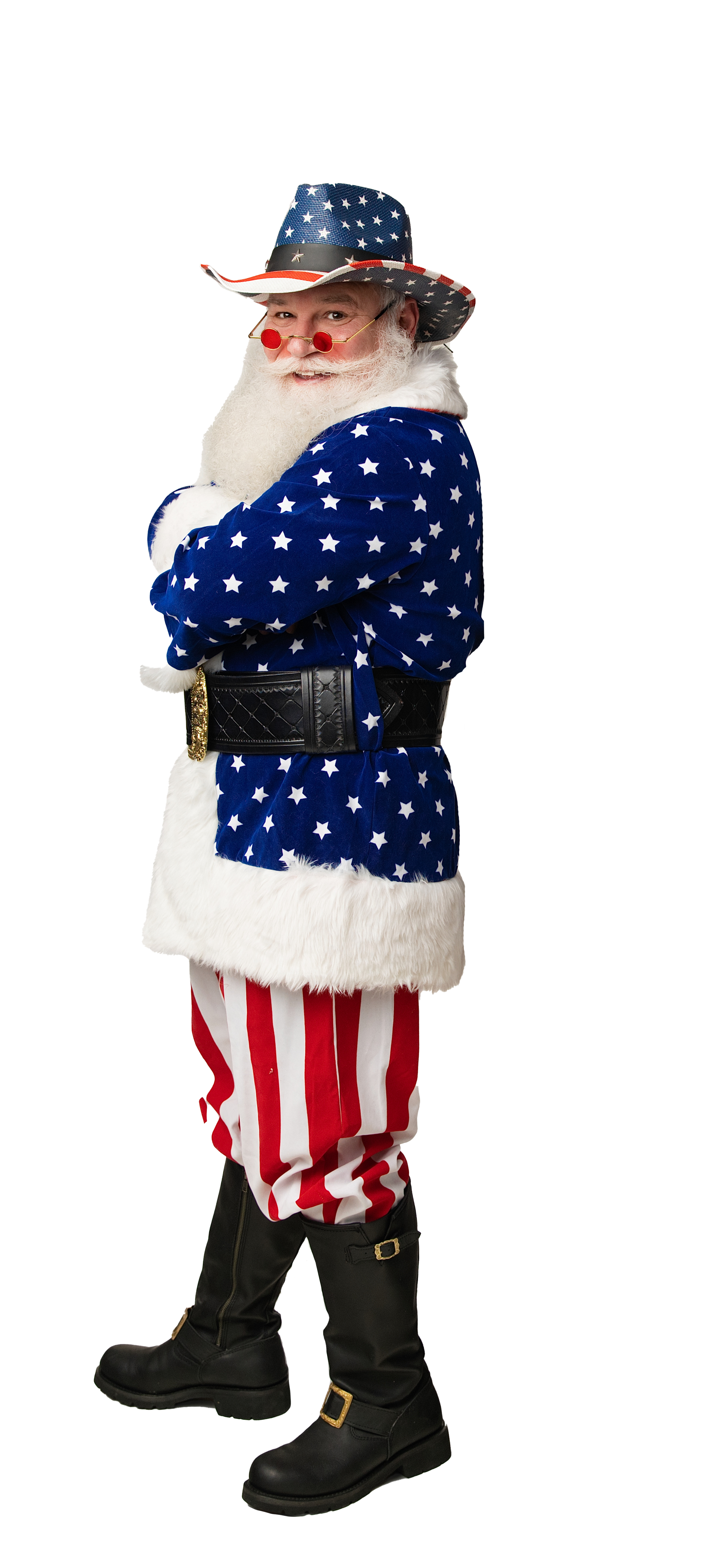 Santa in a patriotic holiday suit