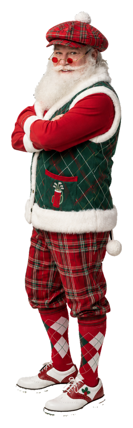 Santa in a Christmas golf outfit