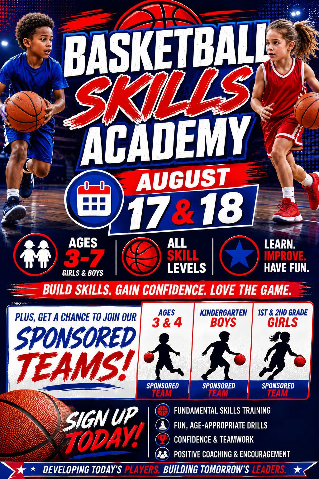 Skills Academy and Tryouts basketball clinic flyer