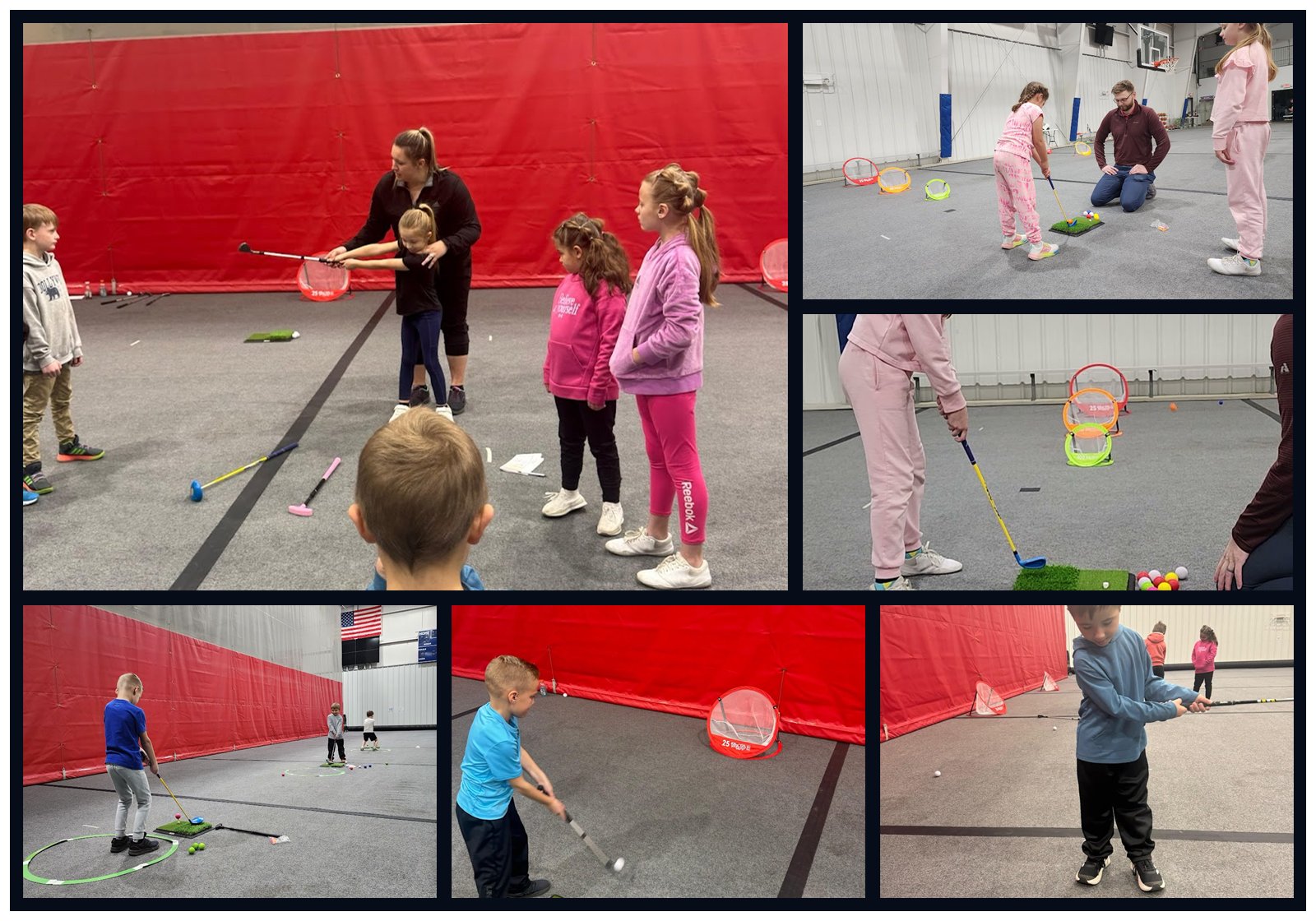 Child hitting a golf ball during a youth golf clinic
