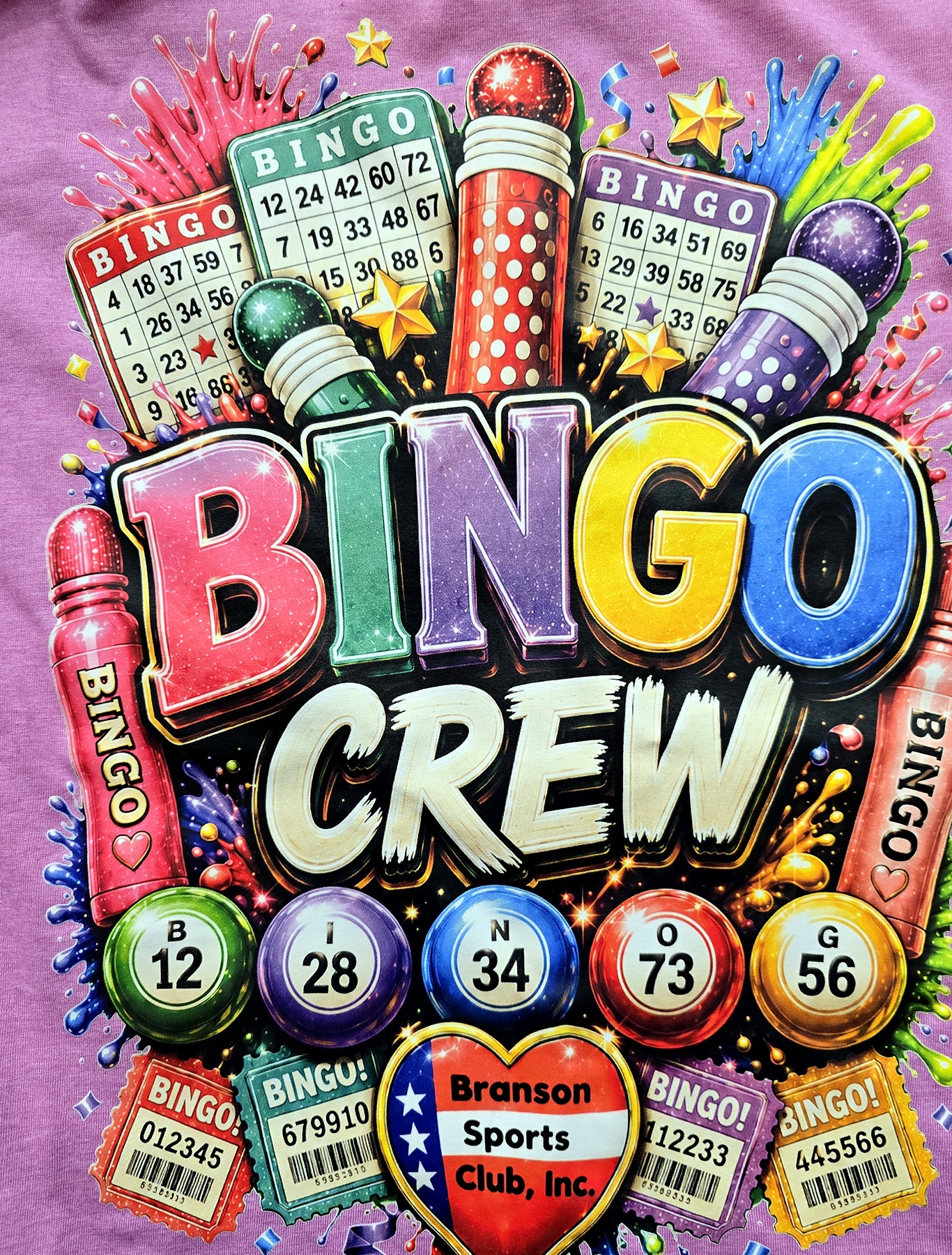 Bingo Crew photographed on lavender shirt