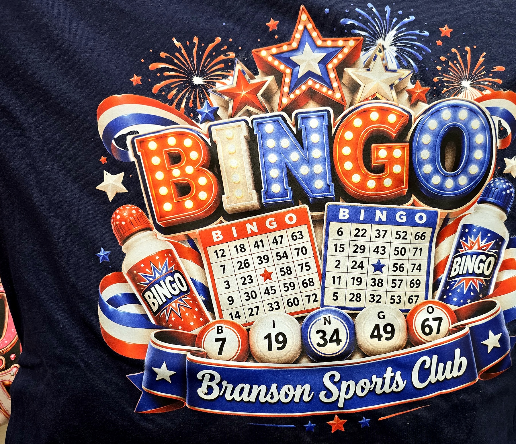 Patriotic Bingo photographed on navy shirt