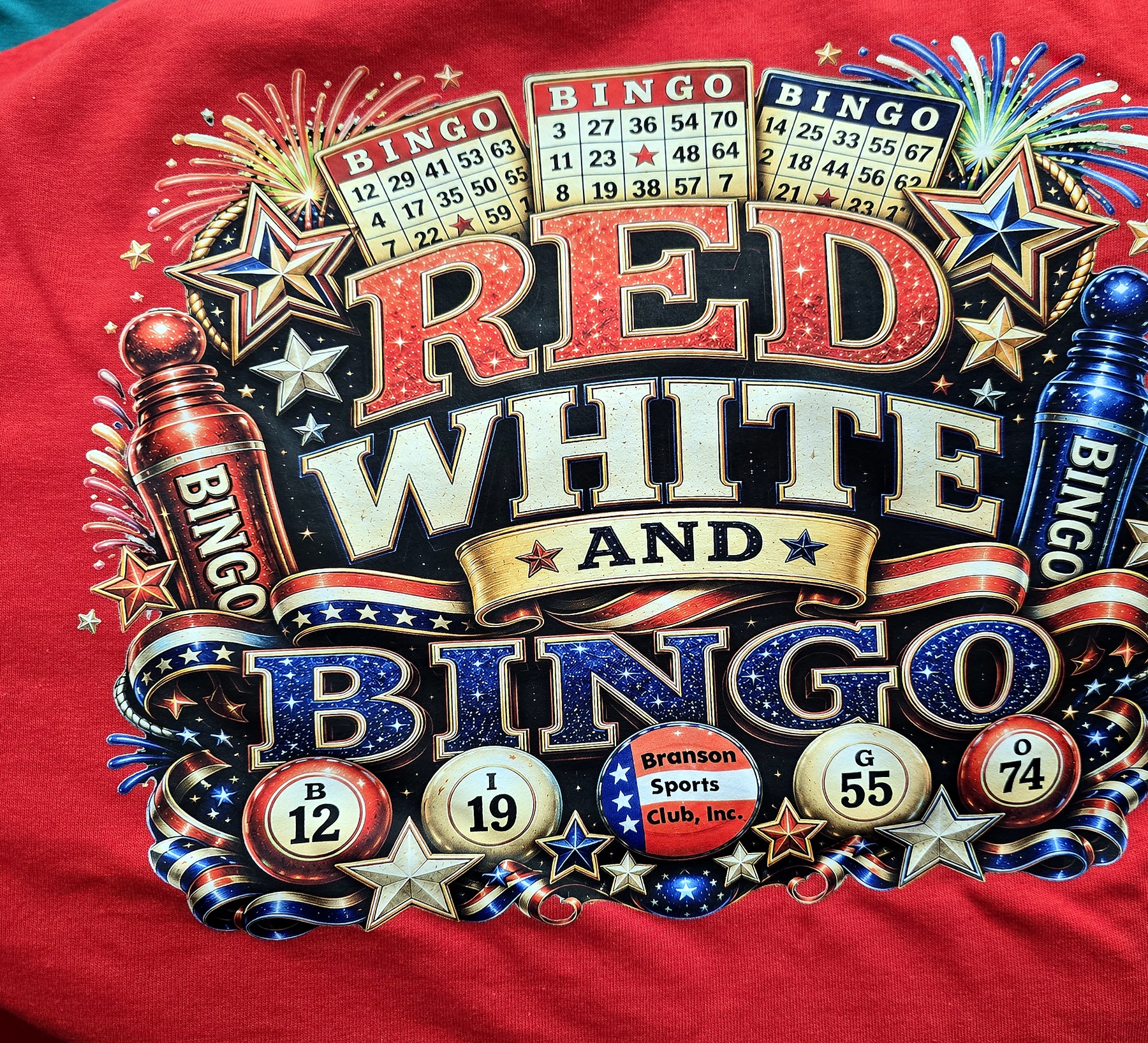 Red White And Bingo photographed on red shirt