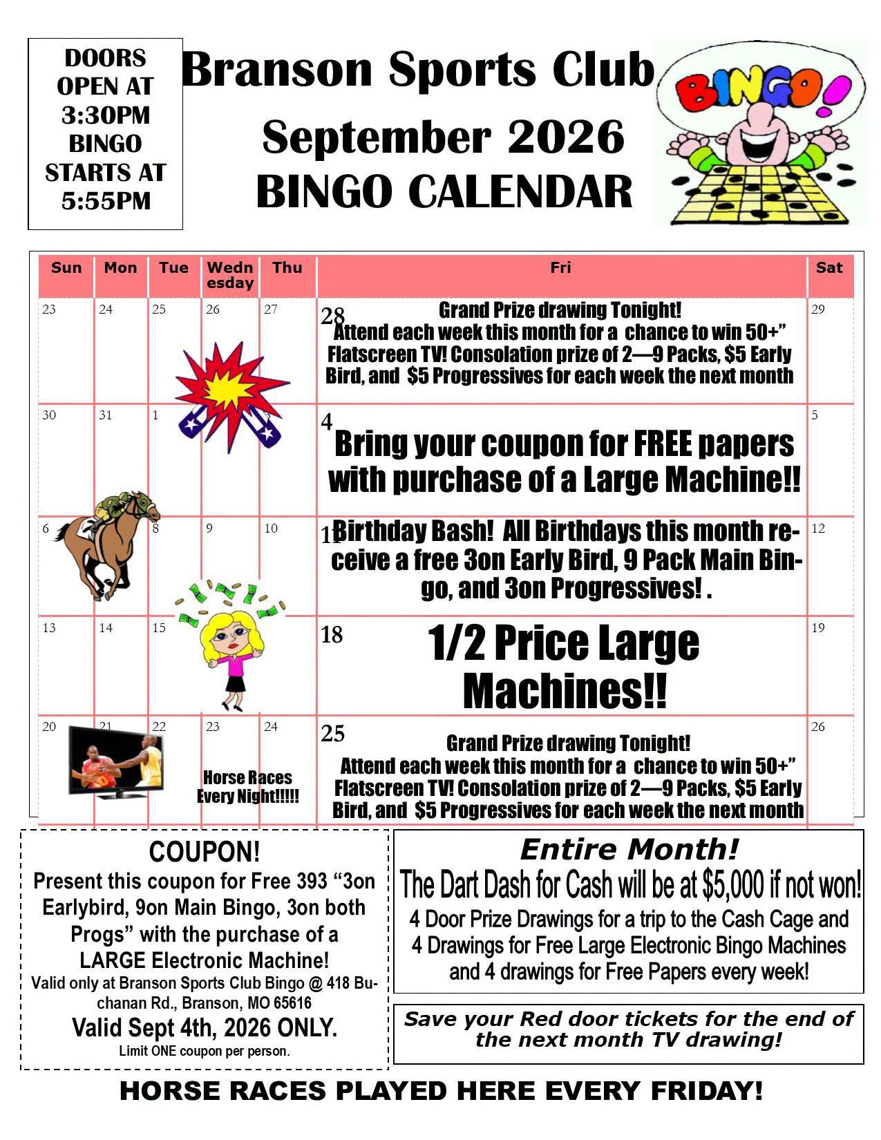 Bingo Calendar - Branson Sports Club September 2026 flyer